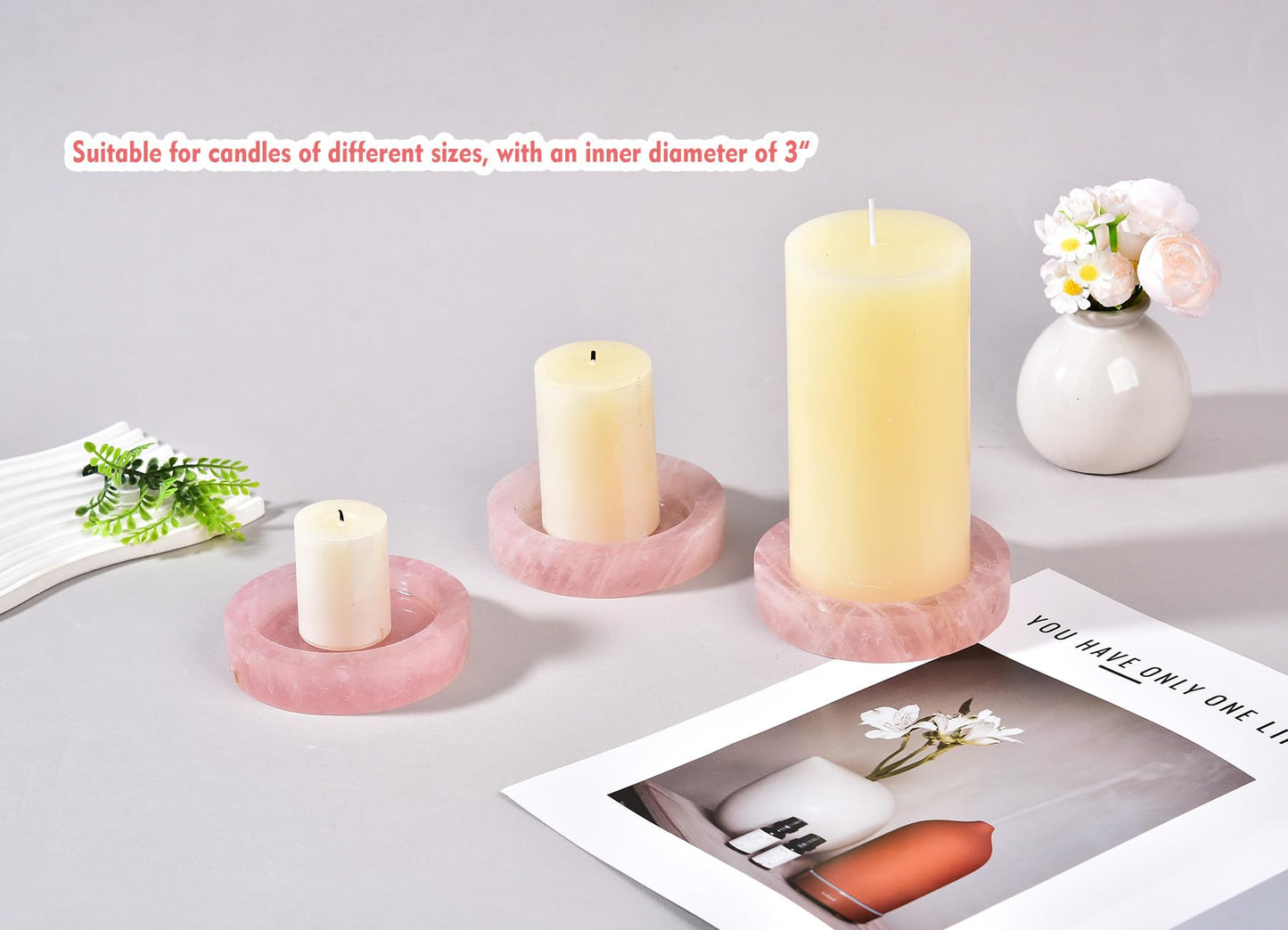 AMOYSTONE Rose Quartz Candle Holder (Pink) Large 4" Round Plate with Dual Use as Coaster & Charger for Jewelry - Natural Crystal Candle Tray for Bedroom, Bathroom, Wedding Decor