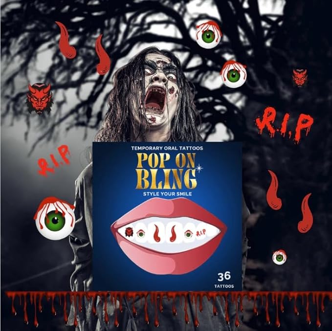 Halloween Tooth Bling Tattoo – Temporary Tooth Gem Kit for Teeth – Safe for Teens & Adults, Removable Fun Fake Tooth Tattoo Stickers for Halloween Costume, Party & Cosplay (Bloody)