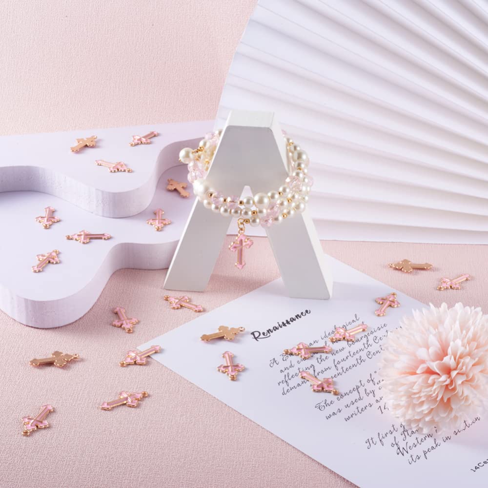 Mega Pet 100pcs Alloy Enamel Cross Pendant Charms Pink Metal Tiny Crucifix Flatback Dangle Charms Hang Ornaments 25x14mm for DIY Bracelet Necklace Jewelry Crafts Making Hole: 1.8mm