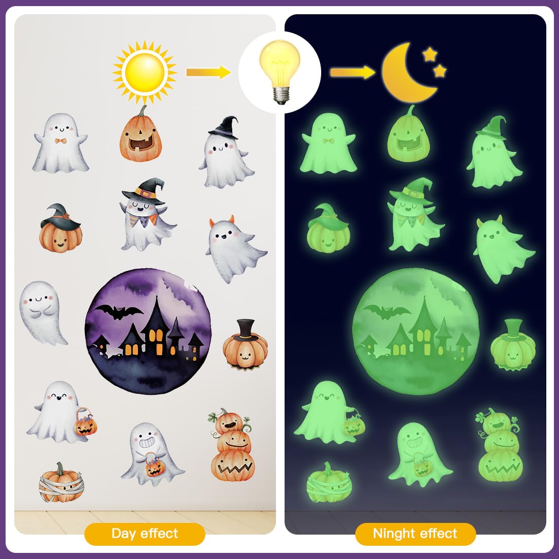 TOARTI Halloween Glow in The Dark Window Decal Halloween Luminous Ghost Wall Clings Haunted House Bat Pumpkin Night Glow Decals Scary Halloween Theme Party Decor