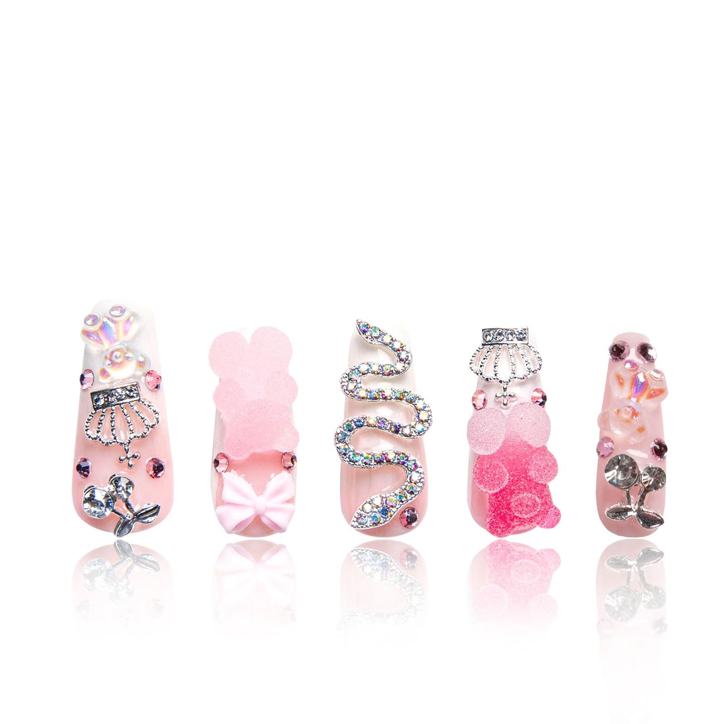 LOVFUL Press on Nails Marshmallo Gummy Bear Square | Handmade with Full Covered Crystals | Reusable Fake Nails | Coffin Classic Regular 1.3 in | H26-M