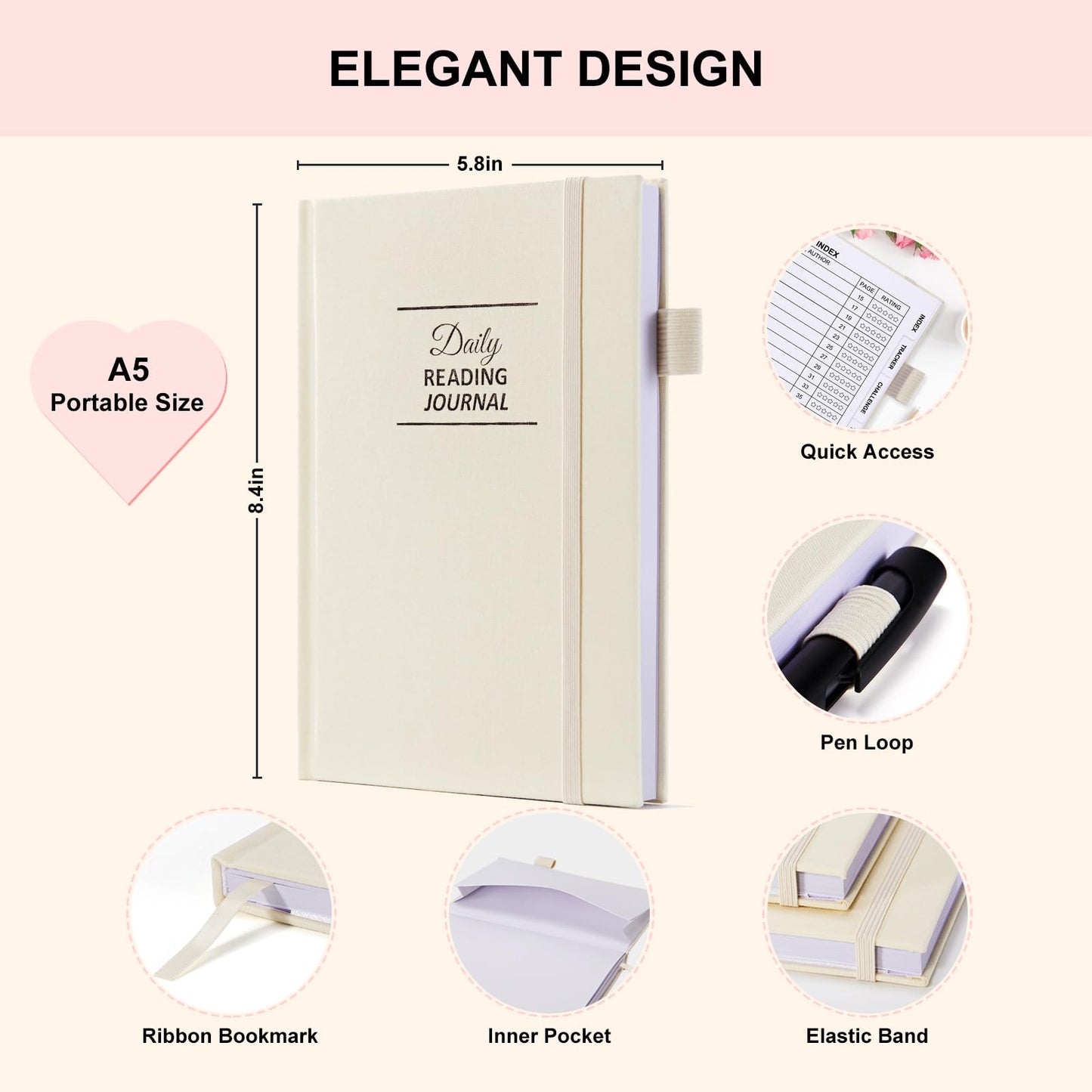 Comkiso Reading Journal for Book Lovers - 75 Book Journal Reading Log for Book Tracking, A5 Linen Book Review Journal with TBR Tracker List, Ratings, Challenges, Prompts, and Index - Beige