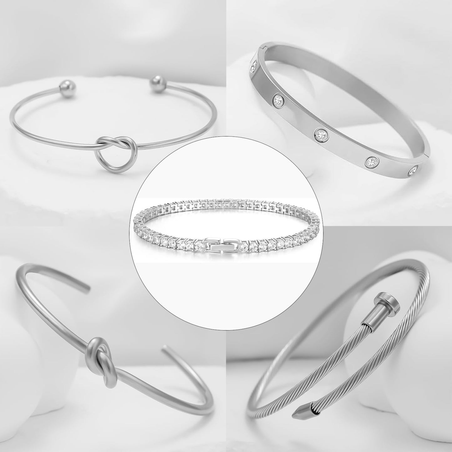 FAFUGA 18 K Silver Plated Love Bangle Bracelet Stack Cuff Jewelry for Women Jewelry Set for Women Gift with Box (style16)