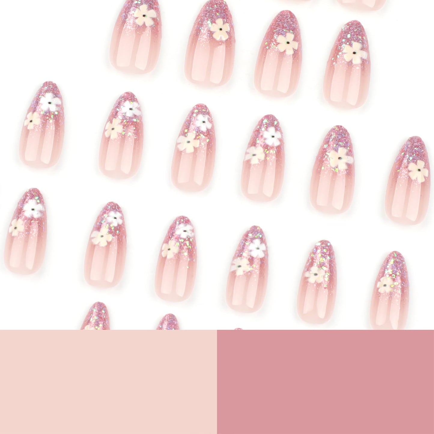Spring Press on Nails Short Almond Fake Nails with White Flower Glitter Designs Nude Pink Nails Press ons Glossy Full Cover Glue on Nails Reusable Acrylic Artificial Nails for Women
