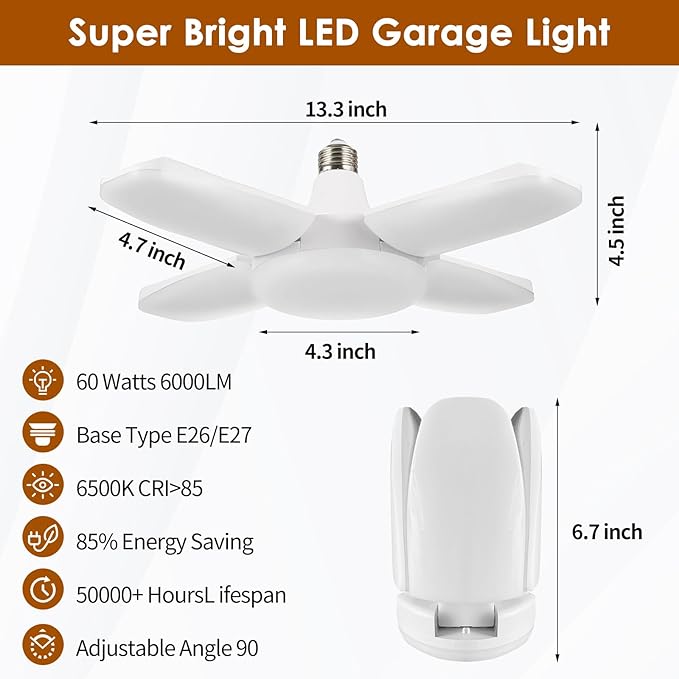 YWD 4Pack LED Garage Lights,60W Deformable Led Light 6000LM E26/E27 Daylight 6500K Super Bright Light Adjustable for Garage,Workbench,Barn,Warehouse