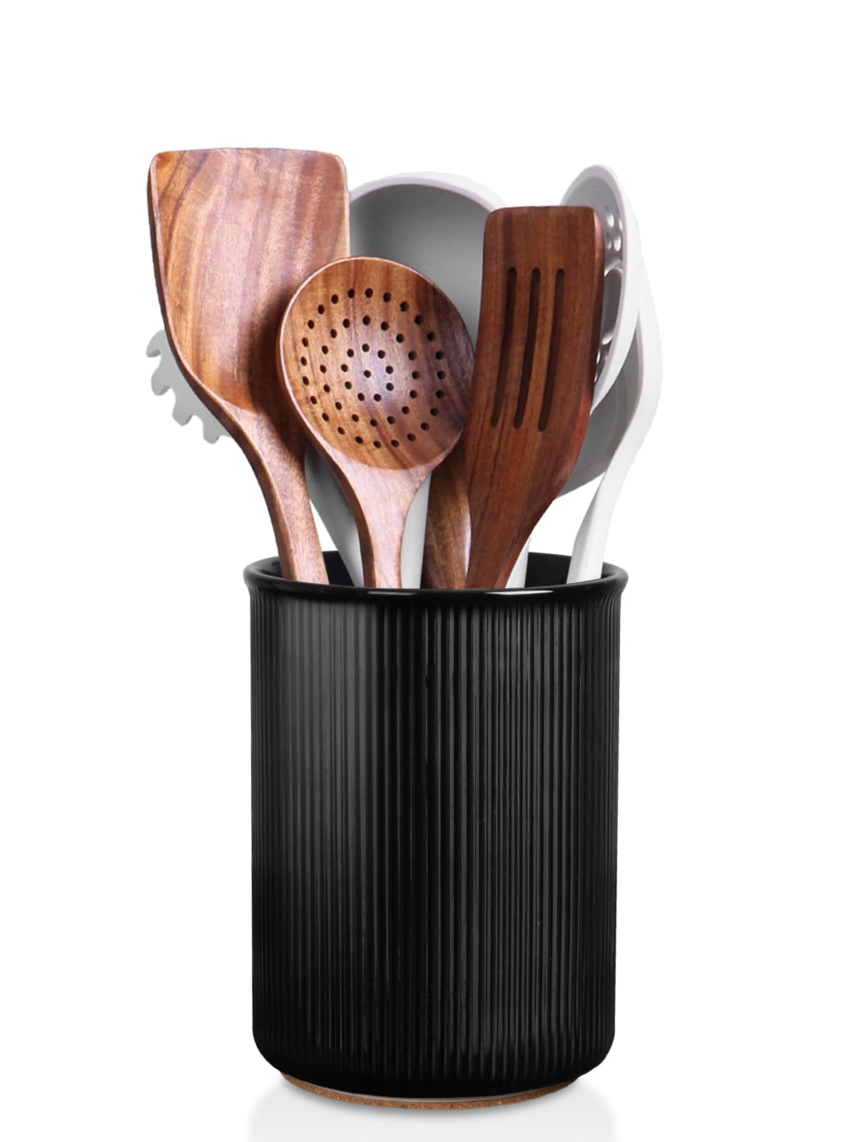 LoeJan Utensil Holder, Extra Large Utensil Crock, Stable Ceramic Utensil Organizer, Cooking Tool Organizer Set for Kitchen Counter Farmhouse Decor (F-6.7" Black)