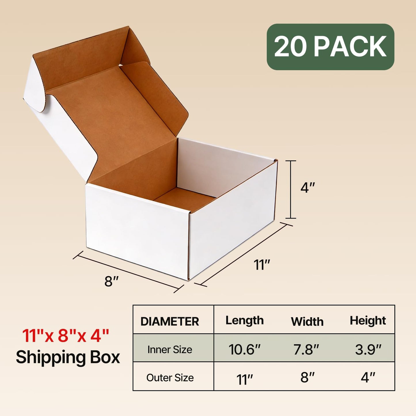 Ovlospa 11x8x4 inch Shipping Boxes 20 Pack, White Mailer Corrugated Cardboard Boxes Commerce Packaging Boxes for Storage Book Gifts Craft