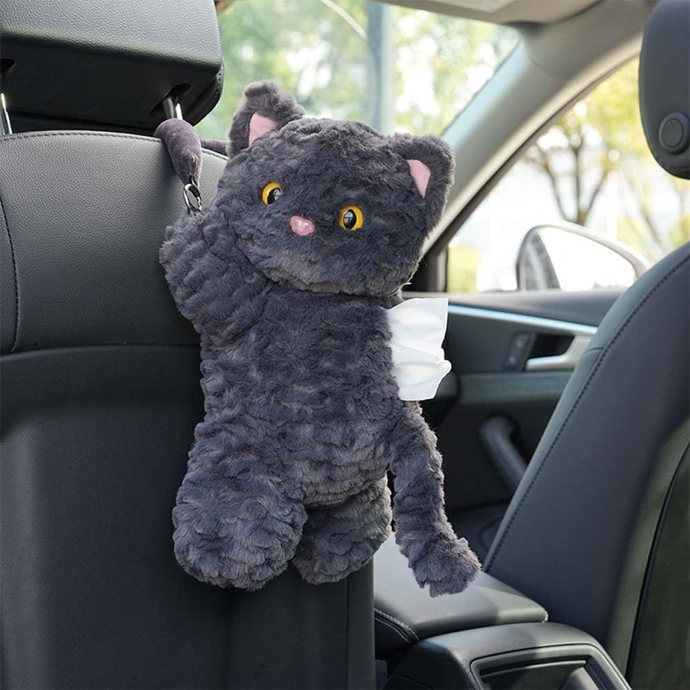 Cute Cat Car Tissue Holder Plush Kitten Paper Box for Backseat Adorable Hanging Organizer & Decor for Women Pet Lovers & Gifts (Black)