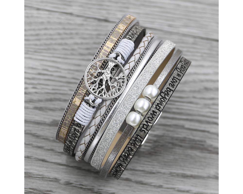 Fesciory Leopard Bracelet for Women, Boho Leather Wrap Multi-Layer Pearl Crystal Bracelet Bangle Jewelry(Tree of Life(Grey))
