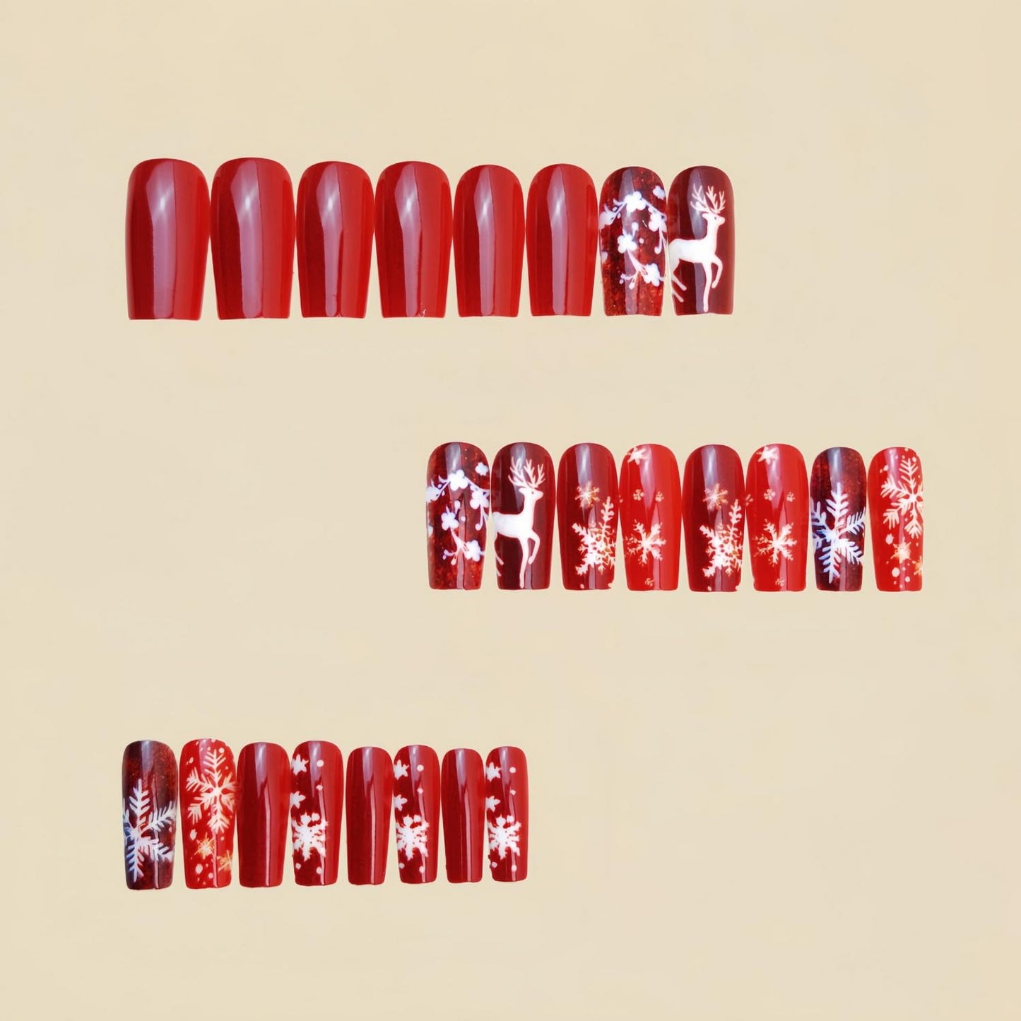Christmas Press on Nails Medium Coffin Fake Nails White Elk Designs Winter Snowflake False Nails Full Cover Red Glitter Stick on Nails Sparkly Acrylic for Women 24 Pcs