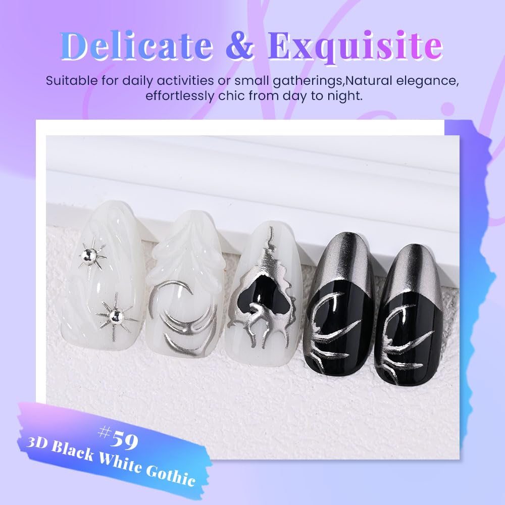 evpct 3D Gothic Press on Nails Short Almond with Silver Line Design, Black White Silver French Tip Stick on Nail for Women, Reusable Full Cover Soft Press on Fake Nail Perfectly Fit with Design