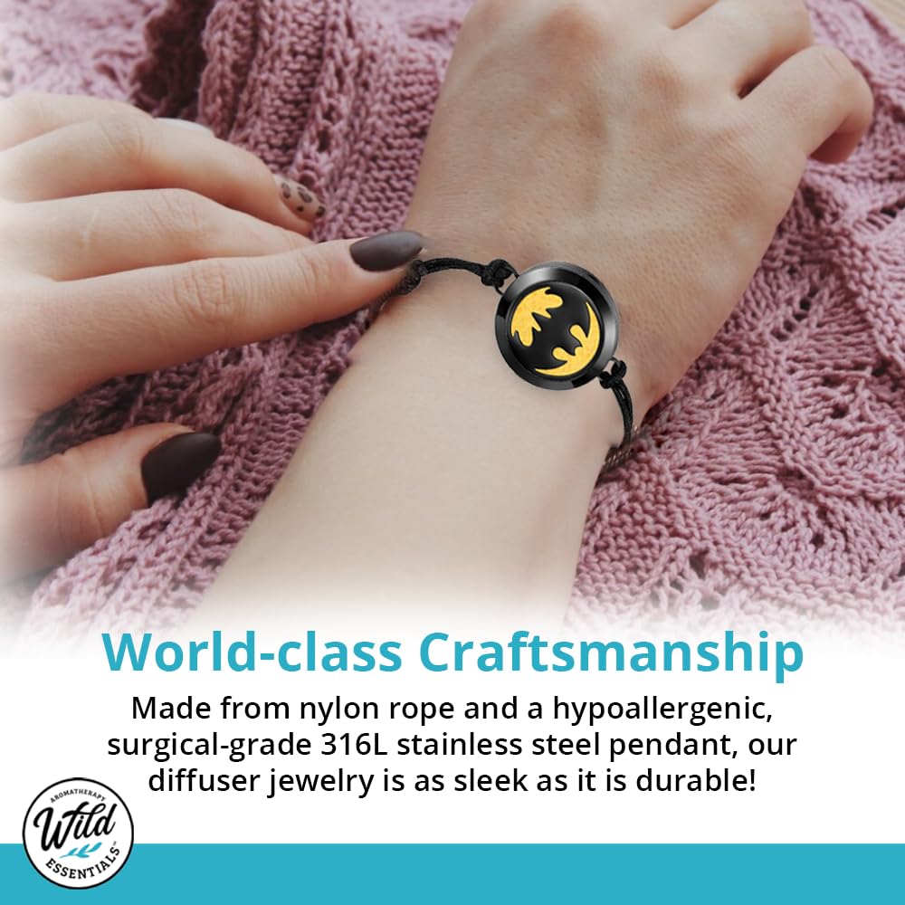 Wild Essentials Black Chrome Bat Essential Oil Diffuser Bracelet, Stainless Steel Aromatherapy Locket, Adjustable Nylon Band with 12 Color Pads, Jewelry Gift Set