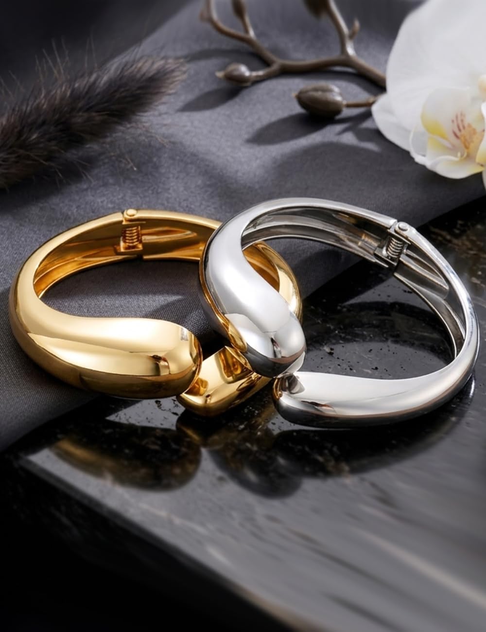 Chunky Gold Bangle Bracelets for Women, Dainty 14k Gold Plated Big Stackable Bangles Set, Trendy Statement Cuff Bracelet Stack Summer Beach Jewelry Gifts (2 Gold & silver bangles)