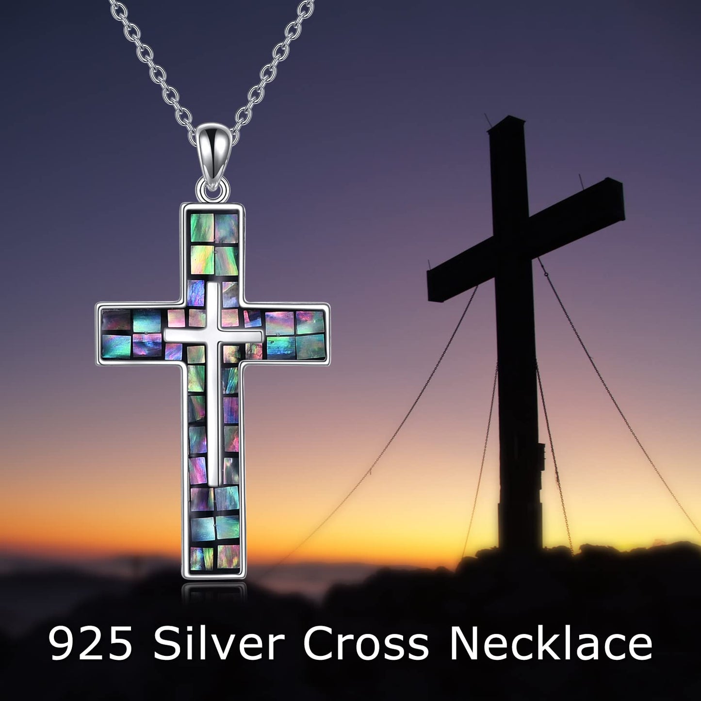 YFN Cross Necklace Sterling Silver Abalone Shell Cross Pendant Religious Jewelry Gifts for Women Men