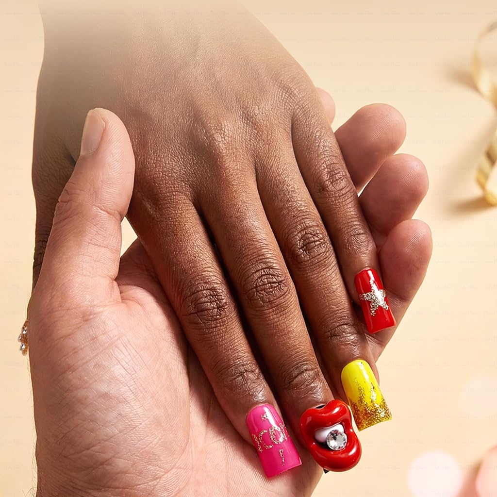 IntoVibes 10 Pieces Luxury Acrylic Press On Nails Short Handmade Duck Nails, Pink Thickened False Nails, Rhinestone And 3D Red Lips, Reusable Fake Nails, Acrylic Nails (L)