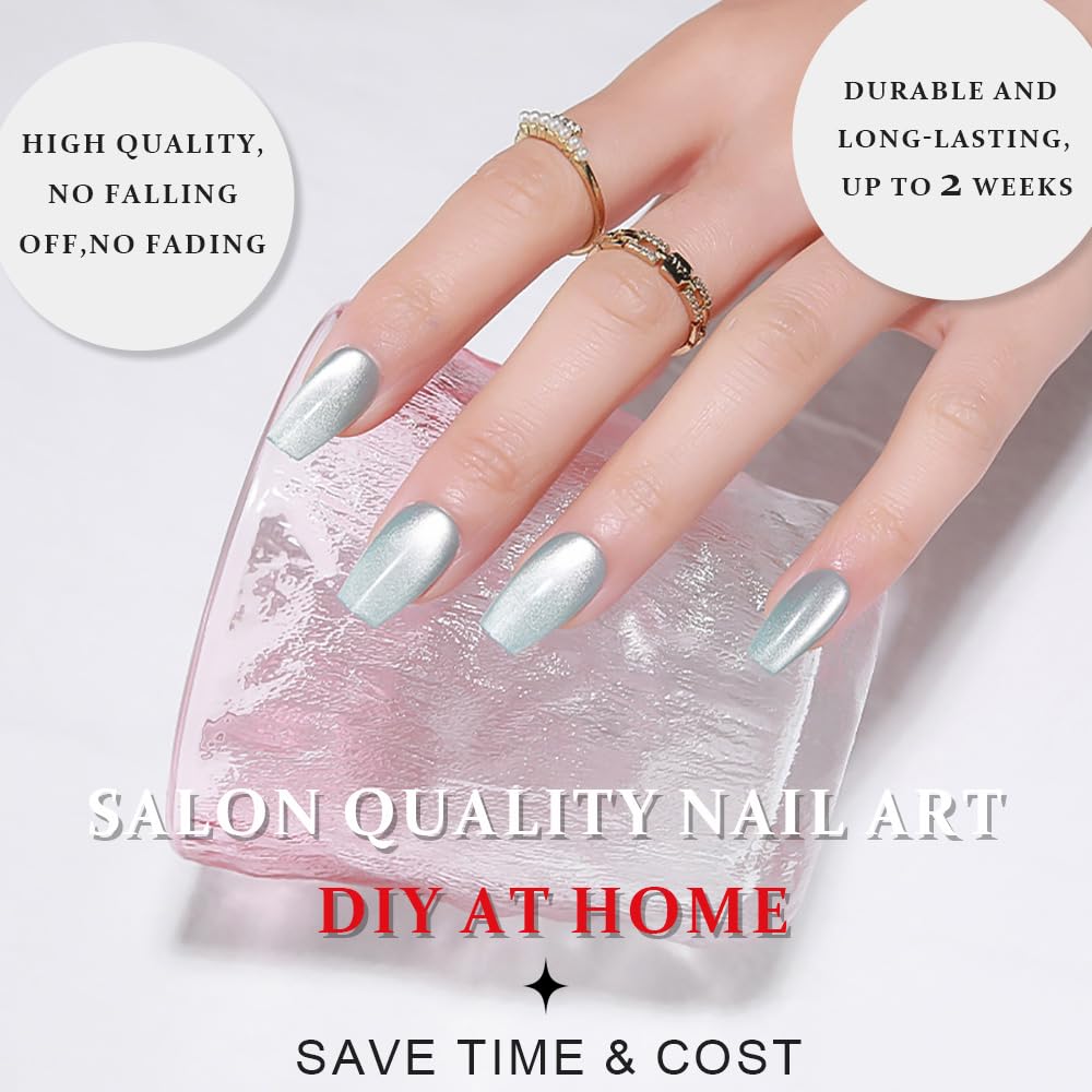 evpct Cat Eye Coffin Press on Nails Medium Square No Glue, Stick on Nails Medium Square for Women, Teal Light Blue Green Metallic Glitter Glossy Reusable Stick Acrylic Fake Press on Nail with Designs