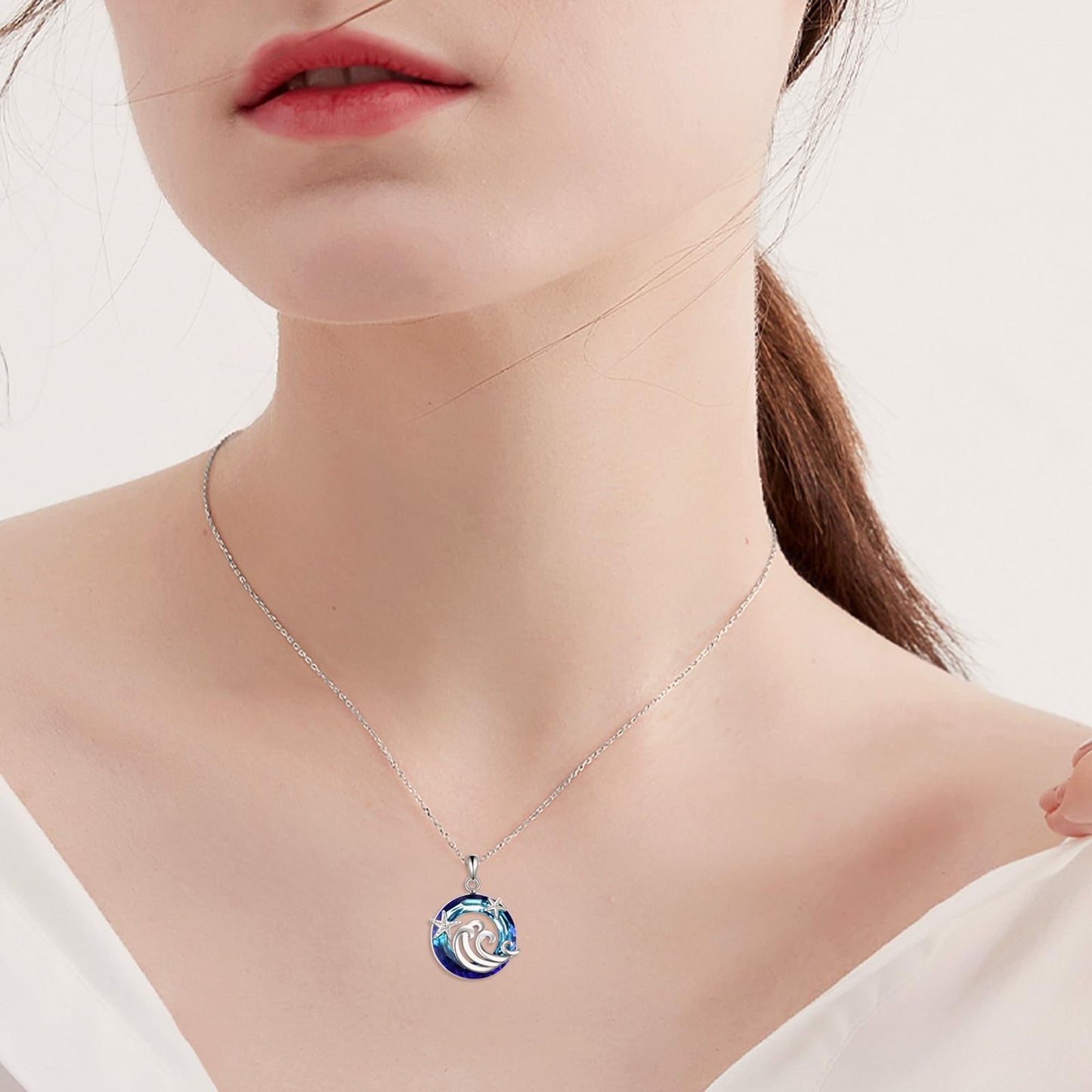CRMAD Ocean Beach Necklace for Women Sterling Silver Starfish Wave Ocean Jewelry Gifts (crystal)