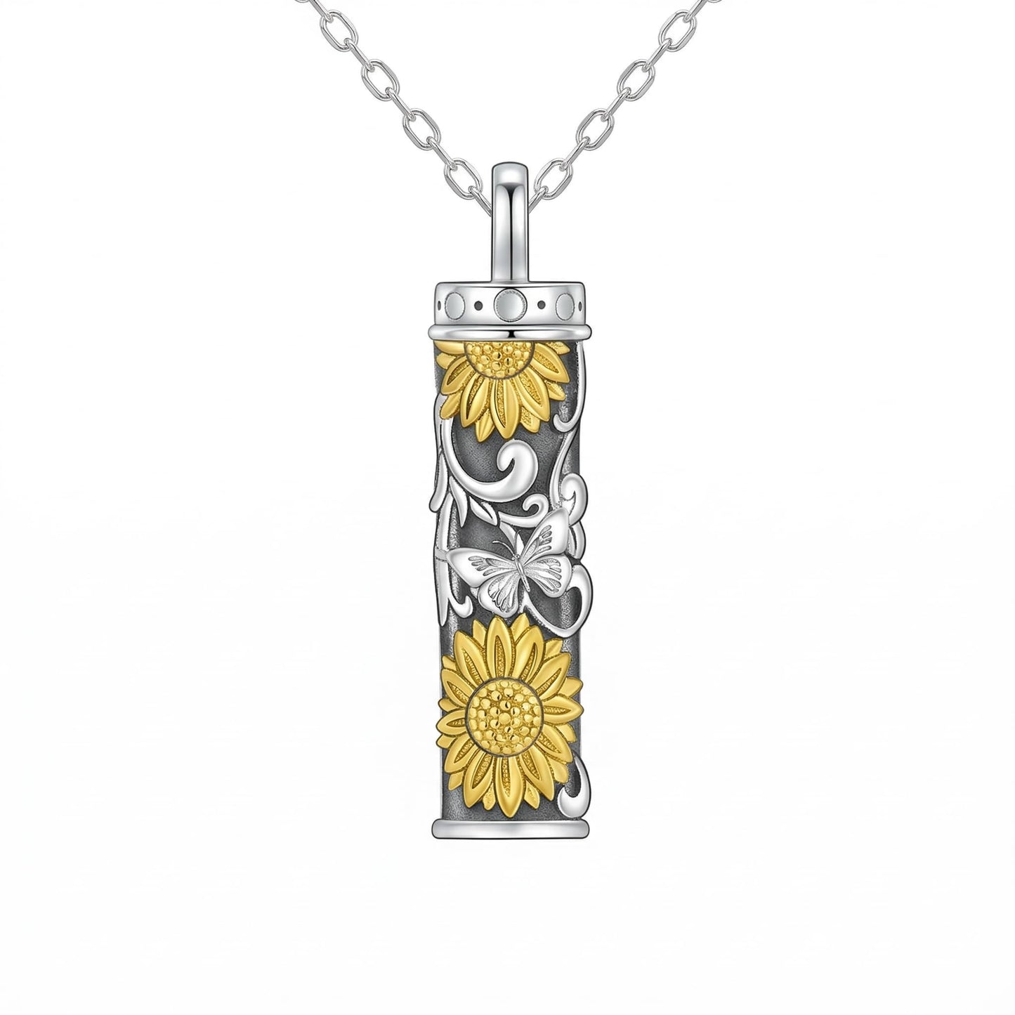 POPLYKE Sunflower Butterfly Filigree Urn Necklace for Ashes for Women Sterling Silver Cremation Necklace for Ashes Keepsake Jewelry for Human Men