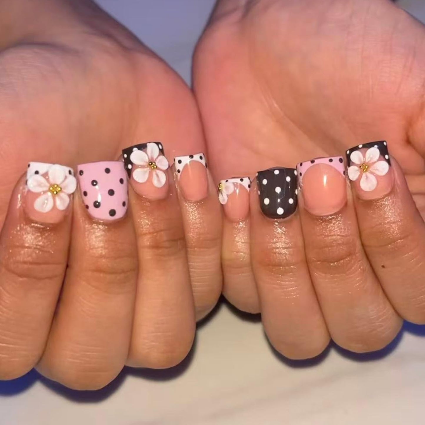 IMSOHOT 24Pcs Short Square Press on Nails - Glossy Pink and Black Polka Dot French Tip Fake Nails with 3D Flower Designs, Sweet Y2K Rhinestone Glue on Nails for Women