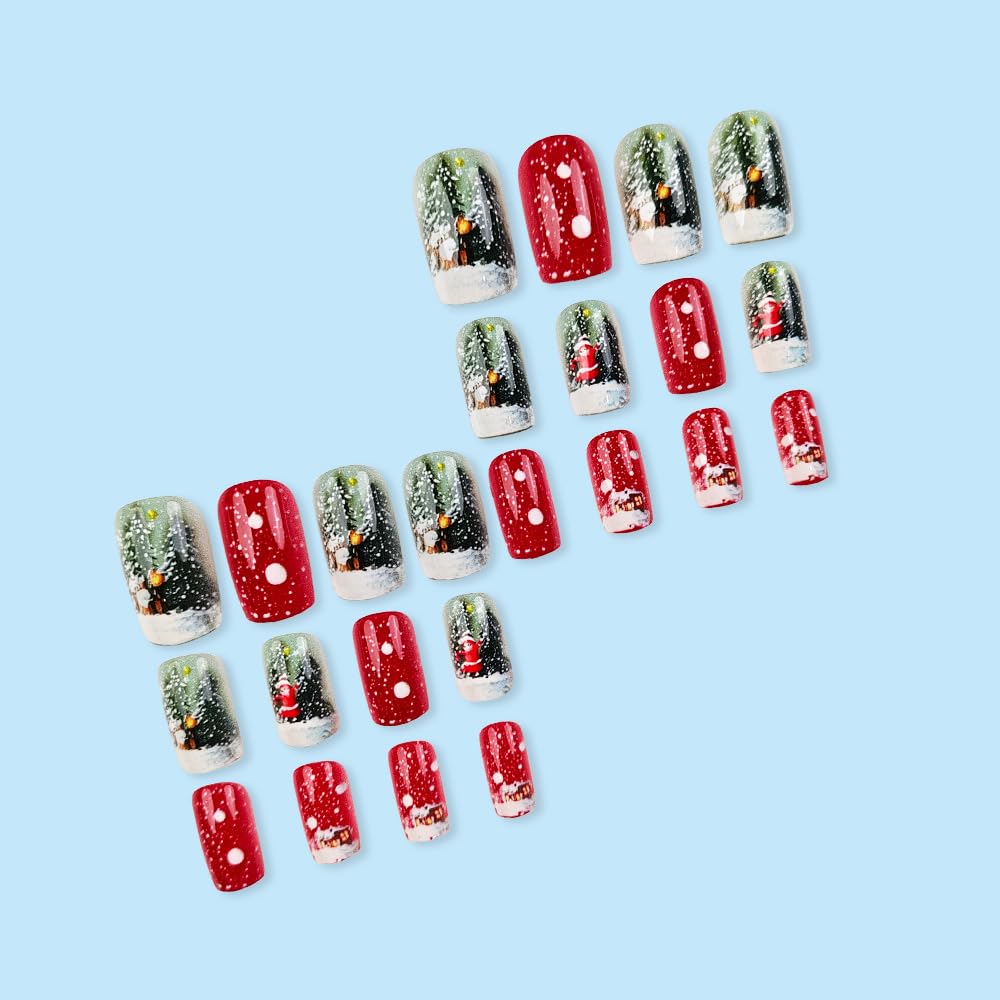 24Pcs Christmas Red Press on Nails Winter Snow House Fake Nails with Christmas Tree Designs Short Square False Nail for Women Acrylic Glue on Nail Xmas Short Reusable Nails
