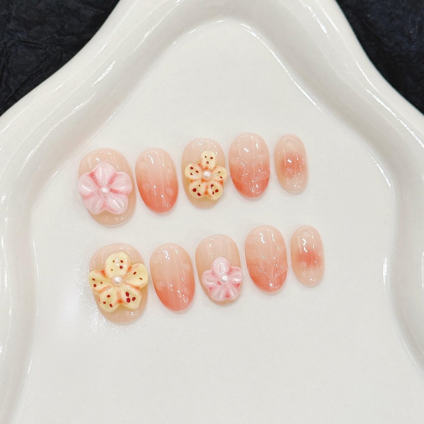 Extra Short Almond Press on Nails Gradient Fake Nails Full Cover Handmade Press on Nails Luxury 3D Flower Pearl Embossed Acrylic Nails Designs Muti-Layer Gel Stick on Nails for Women's Nails Kit (S)