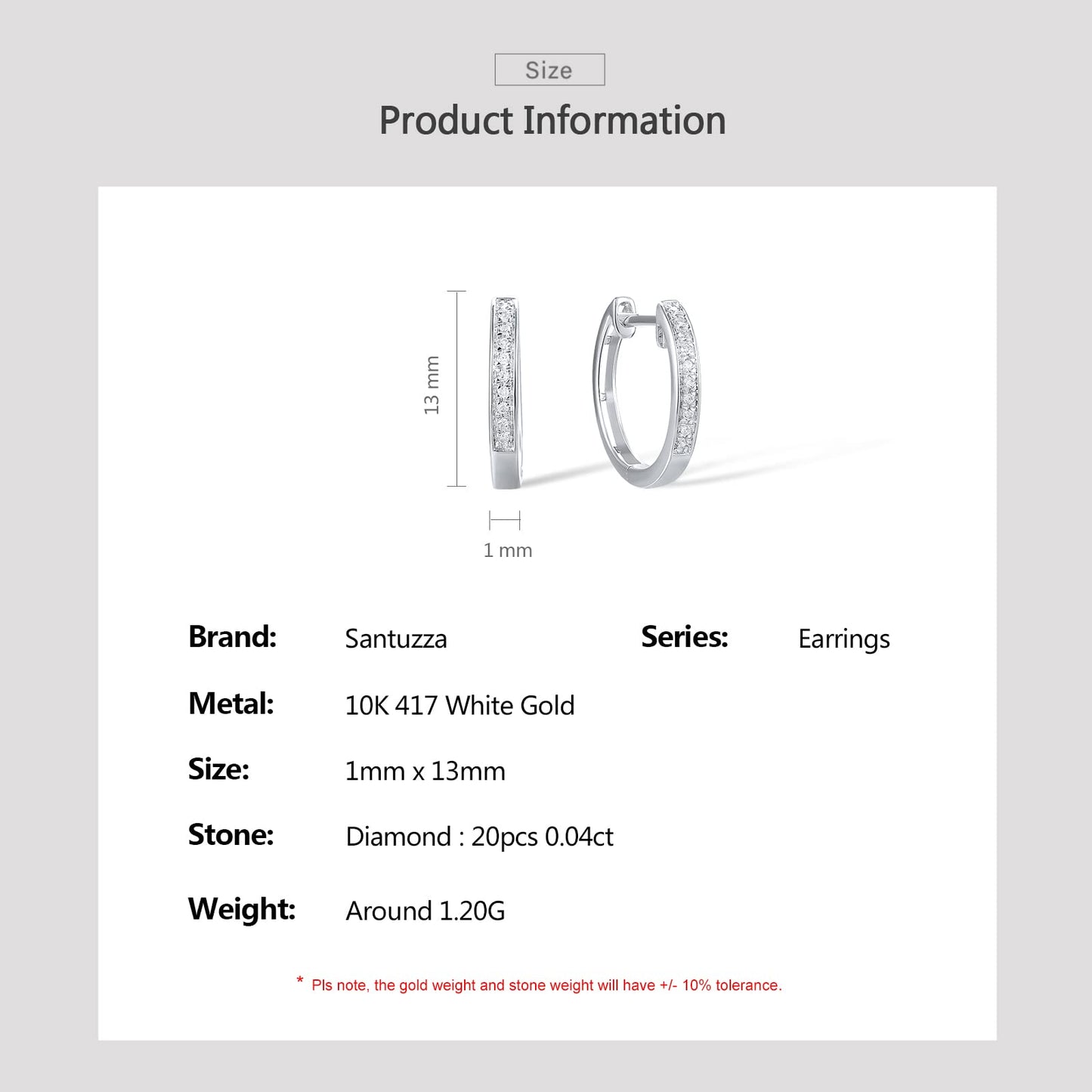 Santuzza 10K White Solid Gold Genuine Diamond Dainty Huggie Hoop Earrings for Women