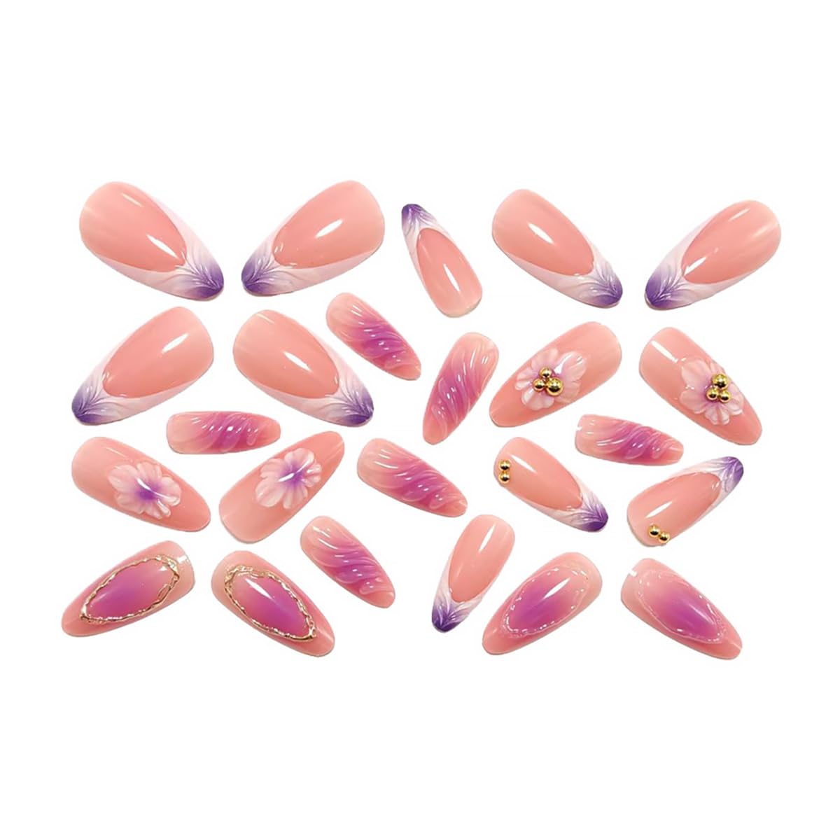 24Pcs Purple Flower Press on Nails Medium Almond Fake Nails French Tip False Nails with 3D Rhinestones Design Gilding Full Cover Artificial Glue on Nails Spring Acrylic Stick on Nails for Women DIY