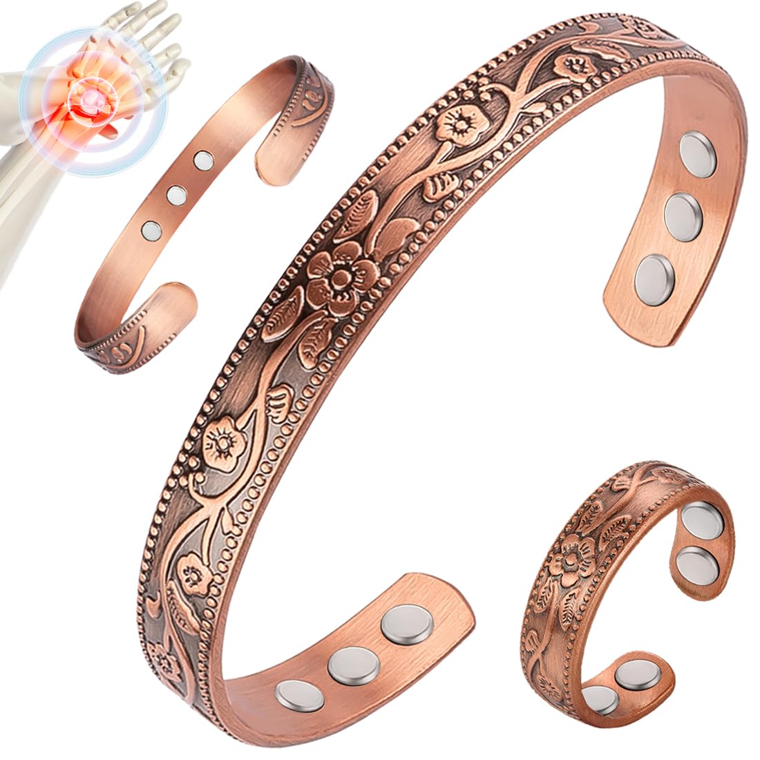 Cigmag Copper Bracelets for Women and Copper Ring 99% Pure Copper Bracelet Adjustable Size Bangle