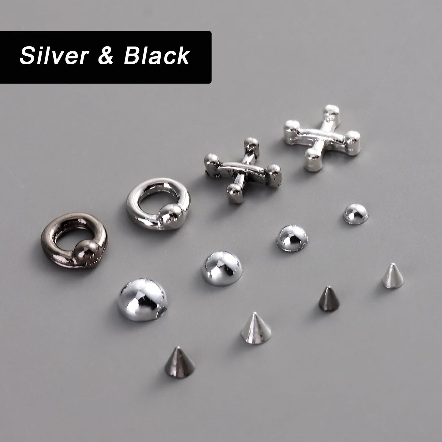 Furtherpretty Goth Nail Charms, 3D Triangle & Spike Gothic Punk Nail Charms, Black Rivet Studs Beads, Silver Alloy Piercing Grunge Y2K Nail Art Decorations, Manicure Accessories for DIY Salon Nails