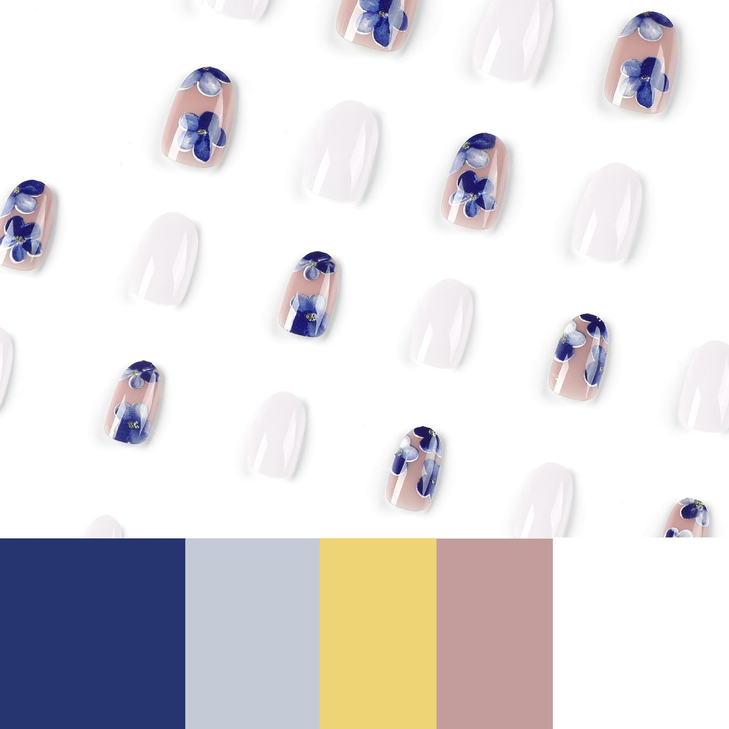 IMSOHOT Press on Nails Oval Short Fake Nails White Blue Flower Round Acrylic False Nails with Designs Full Cover Cute Artificial Nails for Women 24Pcs