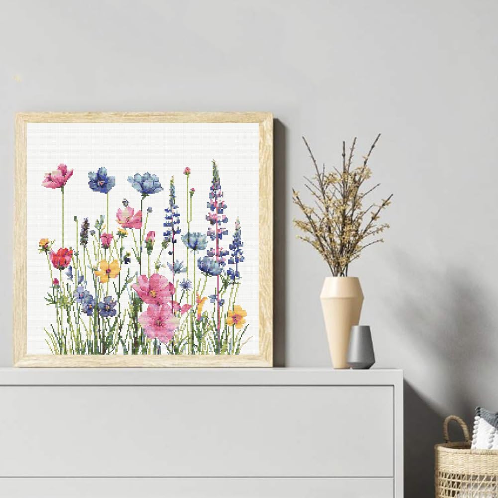 KYOQFVN Flower Stamped Cross Stitch Kits for Adults，11CT Needlepoint Counted Cross Stitch Kits for Beginner，Printed Dimensions - Embroidery Kit Arts and Crafts 14×14 Inch