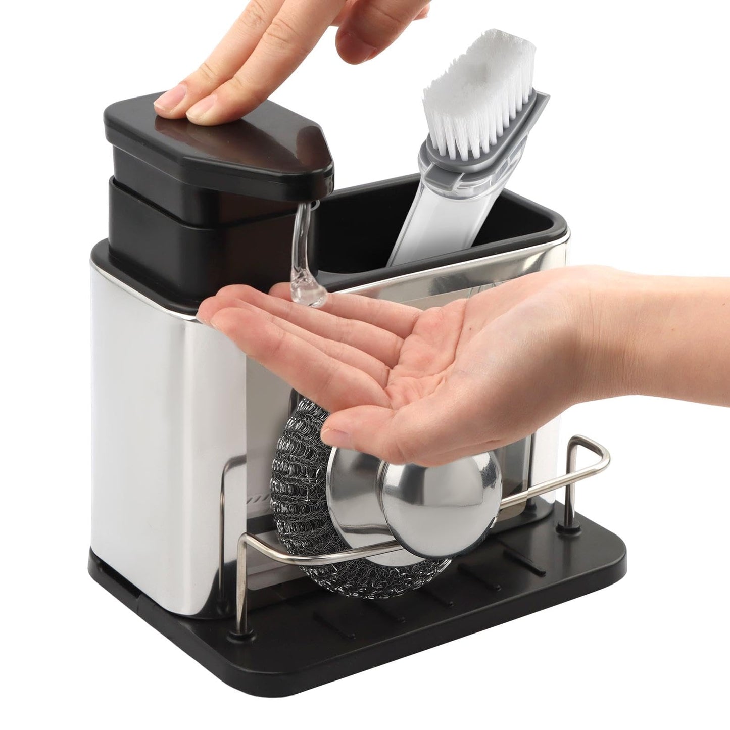 3-in-1 Dish Soap Dispenser, Sponge Holder for Kitchen Sink Caddy, Organizer Dish Soap Dispenser with Cleaning Brush and Tray Drainer Rack Countertop