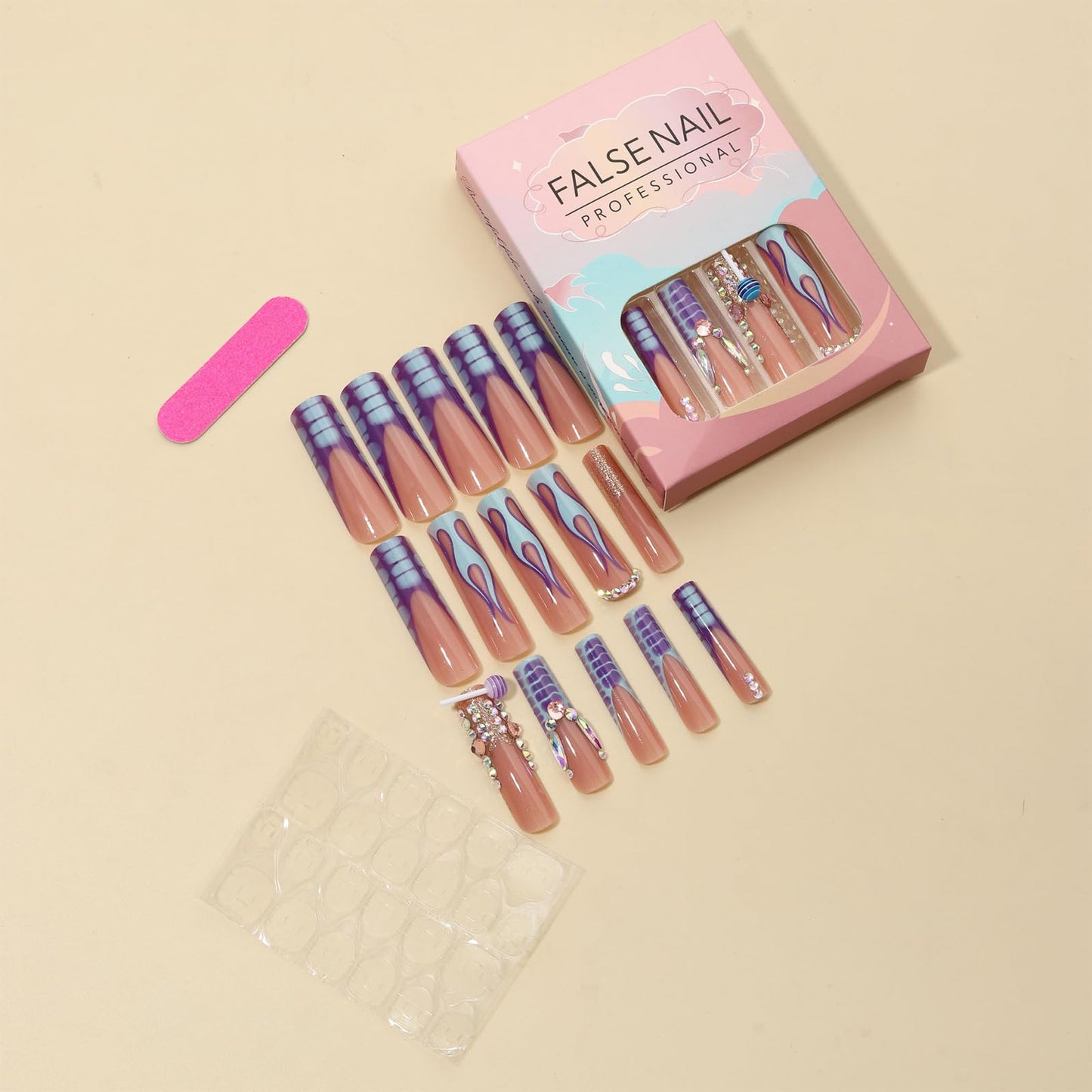 Press on Nails Extra Long - Aegenacess Square Press On Nails with 3D Rhinestones, Nude Blue Purple French Tips Y2K Fake Nails with Glue Sticker, Handmade 24 pcs Stick On Nails False Nail in 12 Sizes