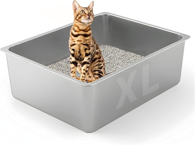 Stainless Steel Cat Litter Box, Metal High Sided Kitty Large Litter Box Pan,Non-Sticky, Easy to Clean, Pet Toilet Supplies for Kitten, Rabbit (Silver, 17.7" x13.8" x6")