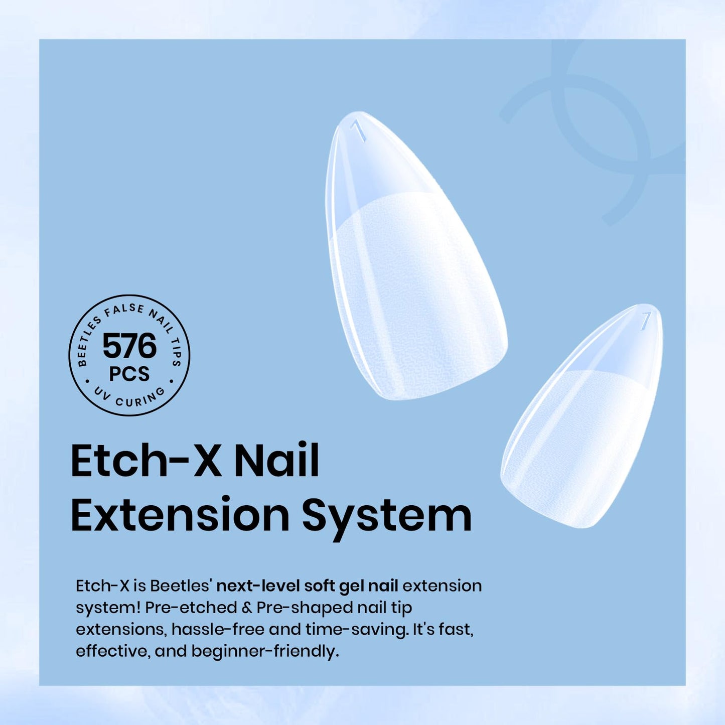 Beetles Gel Nail Tips Almond Short, 576Pcs 12 Sizes Etch-X Half Matte Full Cover Soft Acrylic False Nail Tips Easy DIY Fake Press On Nail Extension Set Salon Gift for Women
