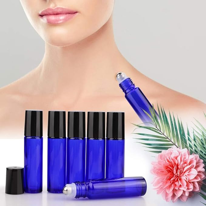 Sungwoo 12 Pack Essential Oil Bottles, 10ml Blue Glass Bottles with Stainless Steel Roller Balls and Caps for Travel, Perfume and Lip Gloss