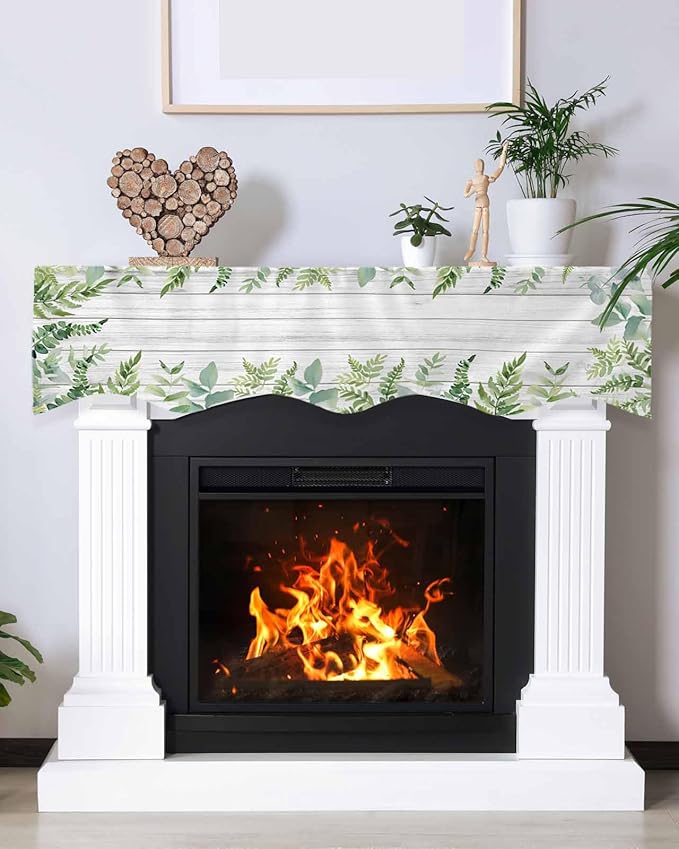 Eucalyptus Leaves Fireplace Mantel Scarf Table Runner, Summer Pastoral Botanical Gray Wooden Winter Garland Mantel Top Tablerunners Dresser Scarves Decorations for Windows Party Living Room 90''x17''