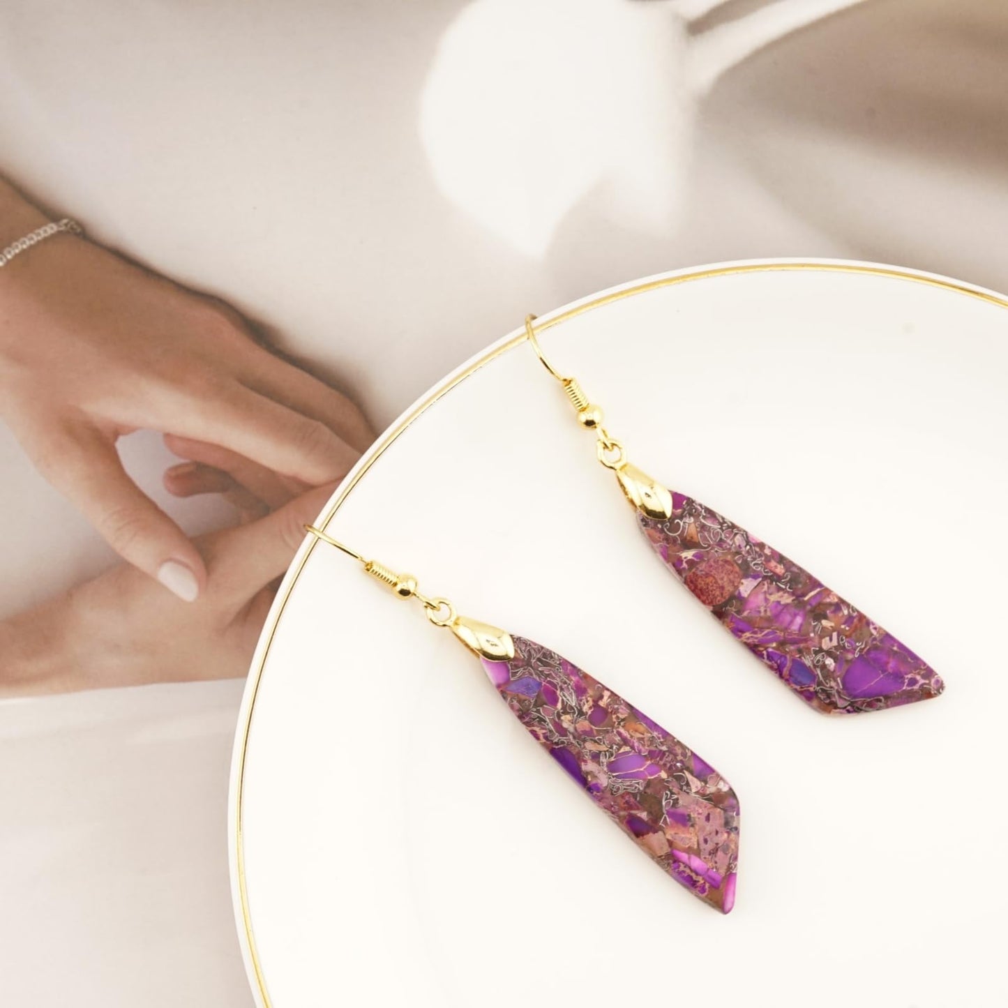 Jasper Stone Earrings for Women Trendy Dangle Earrings Fishhook Drop Earrings (Purple Brown-Gold Hook)
