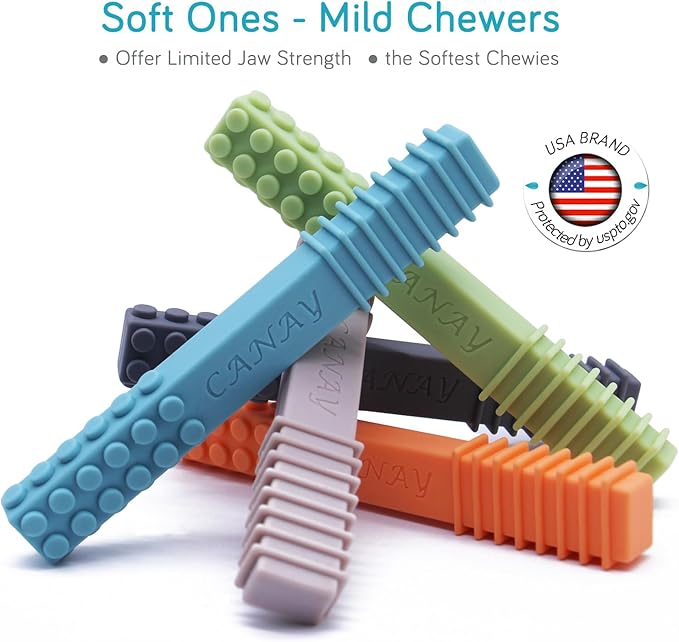 Sensory Chew Stick Toys (5 Pack) - Designed for ADHD, Autism, SPD, Oral Motor Stimulation, Special Needs - Extra Tough Sensory Oral Motor Chew Tool for Mild Chewer (Soft - Mild Chewer)