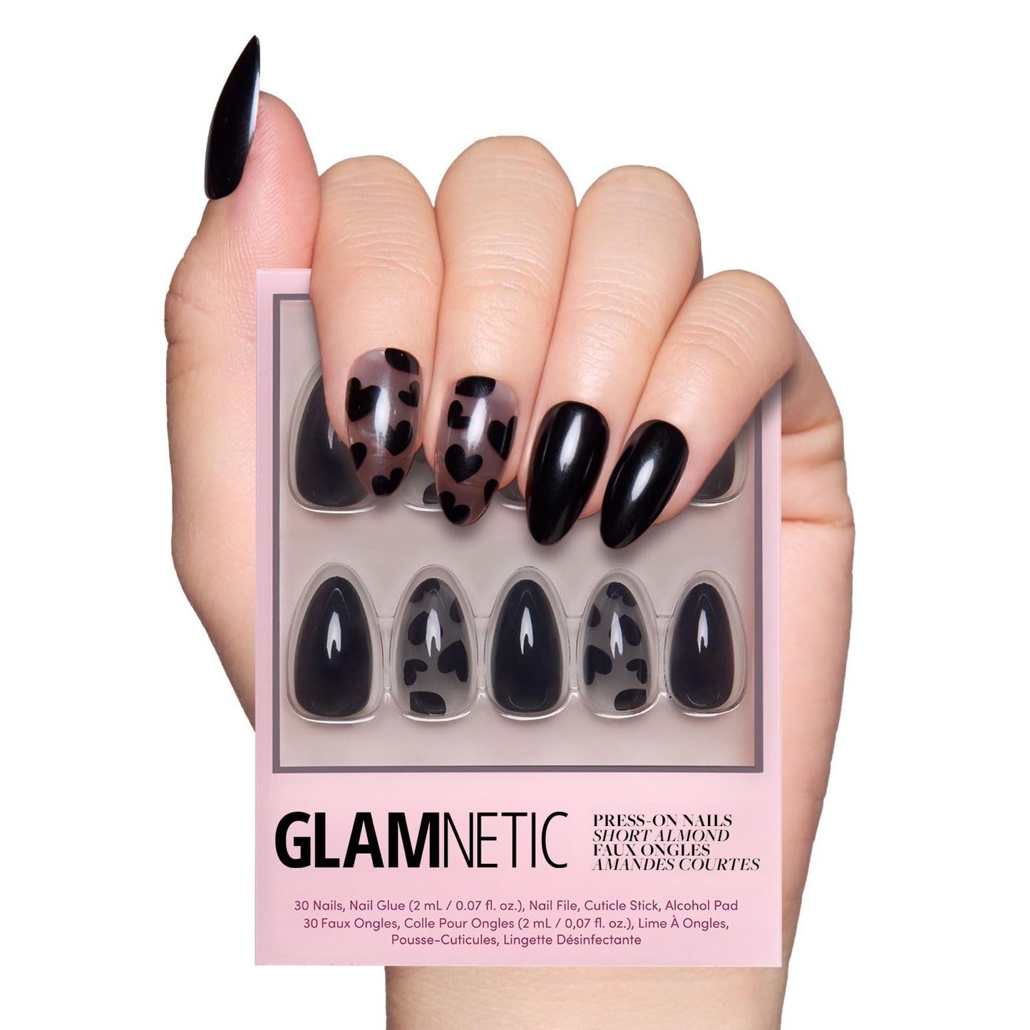 Glamnetic Press On Nails - Love Me Not | Opaque, Semi-transparent, Glossy Black Heart Fake Nails, Salon Quality | 15 Sizes - 30 Nail Kit with Glue