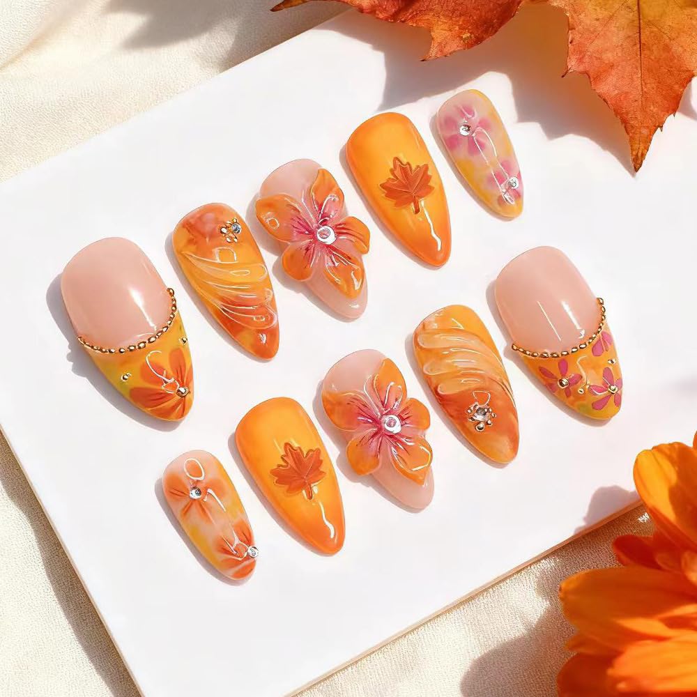 30Pcs Fall French Tip Almond Press on Nails Orange Flower Maple Leaves Fake Nails with 3D Ripple & Rhinestone Designs Full Cover Autumn Glue on Nails Reusable Handmade False Nails for Women