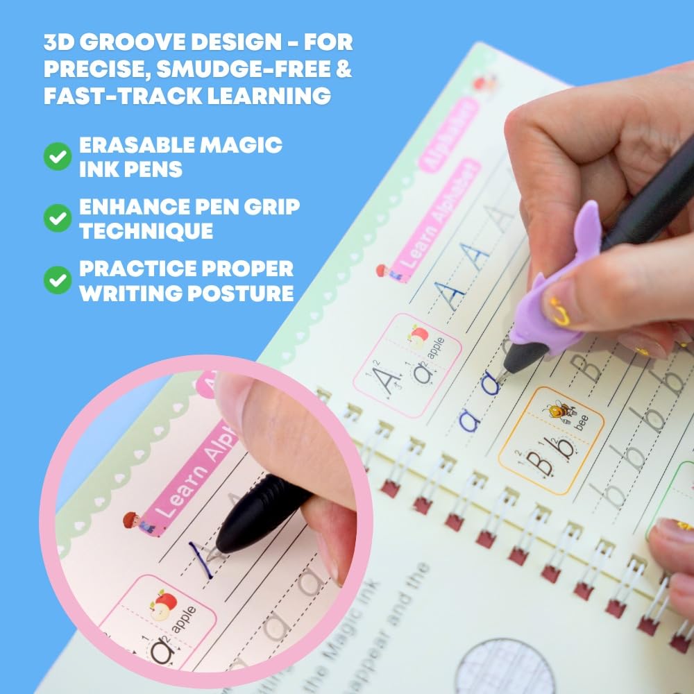 Groovd Children's Magic Copybooks - Reusable Grooved Writing Books for Kids - Handwriting Practice Workbooks, Calligraphy Learning Kit & Tracing Tools Set, 4 Books with Pen & Ink Refills (Ages 3-8)