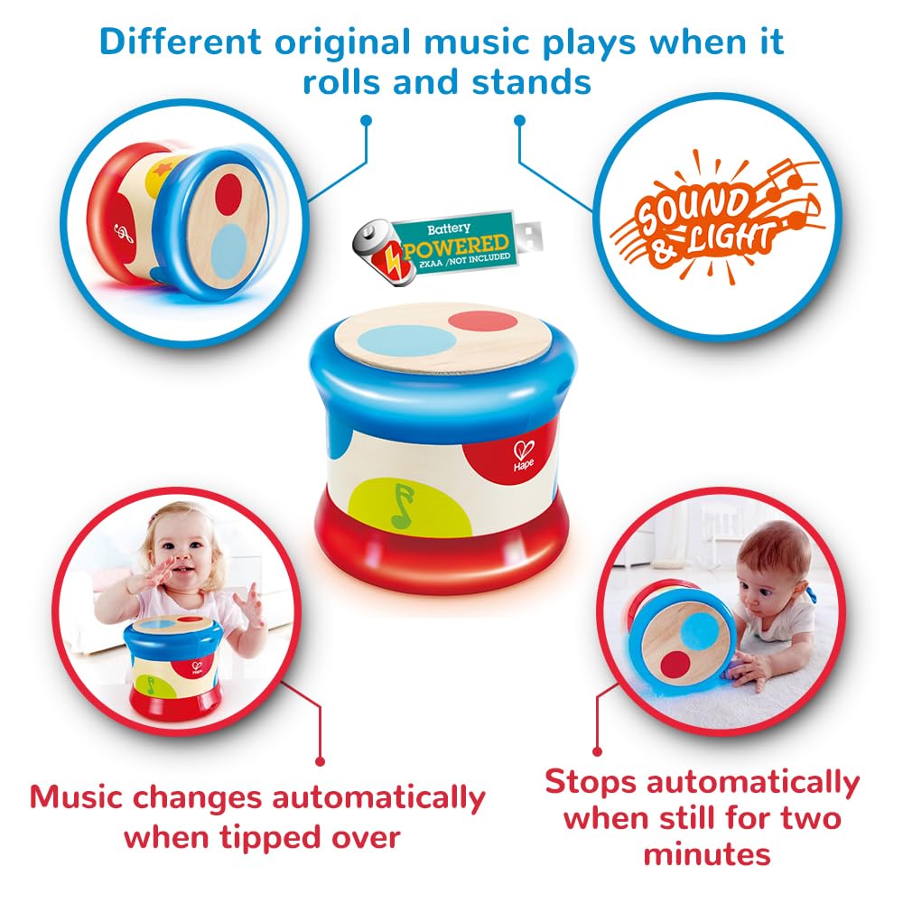 Hape Baby Drum | Colorful Rolling Drum Musical Instrument Toy for Toddlers, Rhythm & Sound Learning, Battery Powered (E0333)