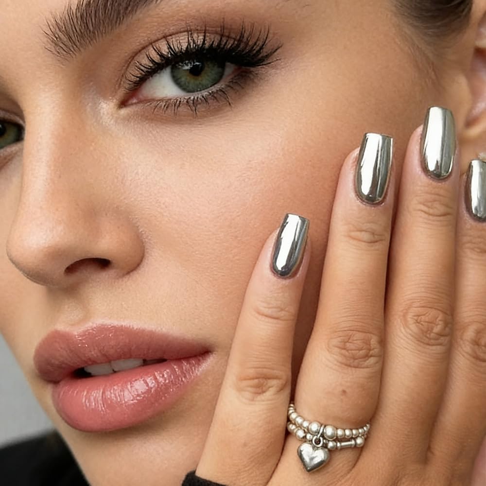 FJSMTOPl Silver Press on Nails - Medium Square Fake Nails - Metallic False Nails - Acrylic Glue on Nails - Artificial Stick on Nail for Women Nail Manicure 24 Pcs