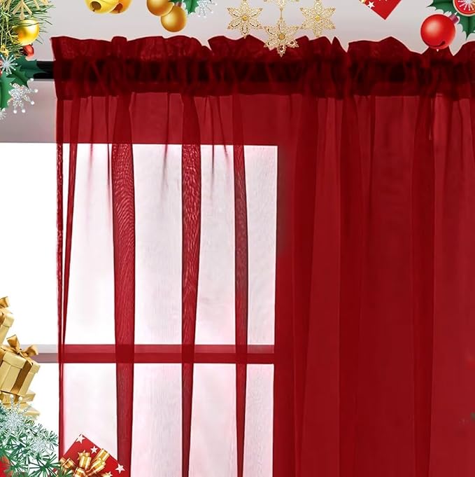 SpaceDresser Sheer Voile Window Treatment Rod Pocket Curtain Panels for Kitchen Bedroom Living Room Drapes Sunlight Filtering Privacy Semi Home Decor Assorted Colors Sizes (Christmas Red, 52 W x 96 L)