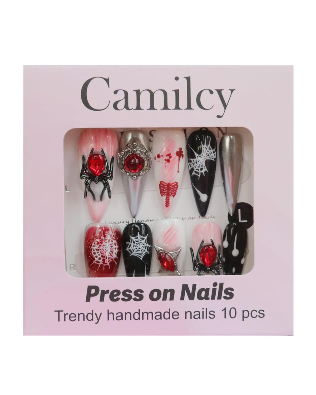 CAMILCY Handmade Nails Press on Almond Nail Pointed Green Gold Crystal Glitter Design Hand painted Reusable Gel UV Finished Pre shaped False Nails for Women 10pcs 3D Handmade Nails (A040, M)