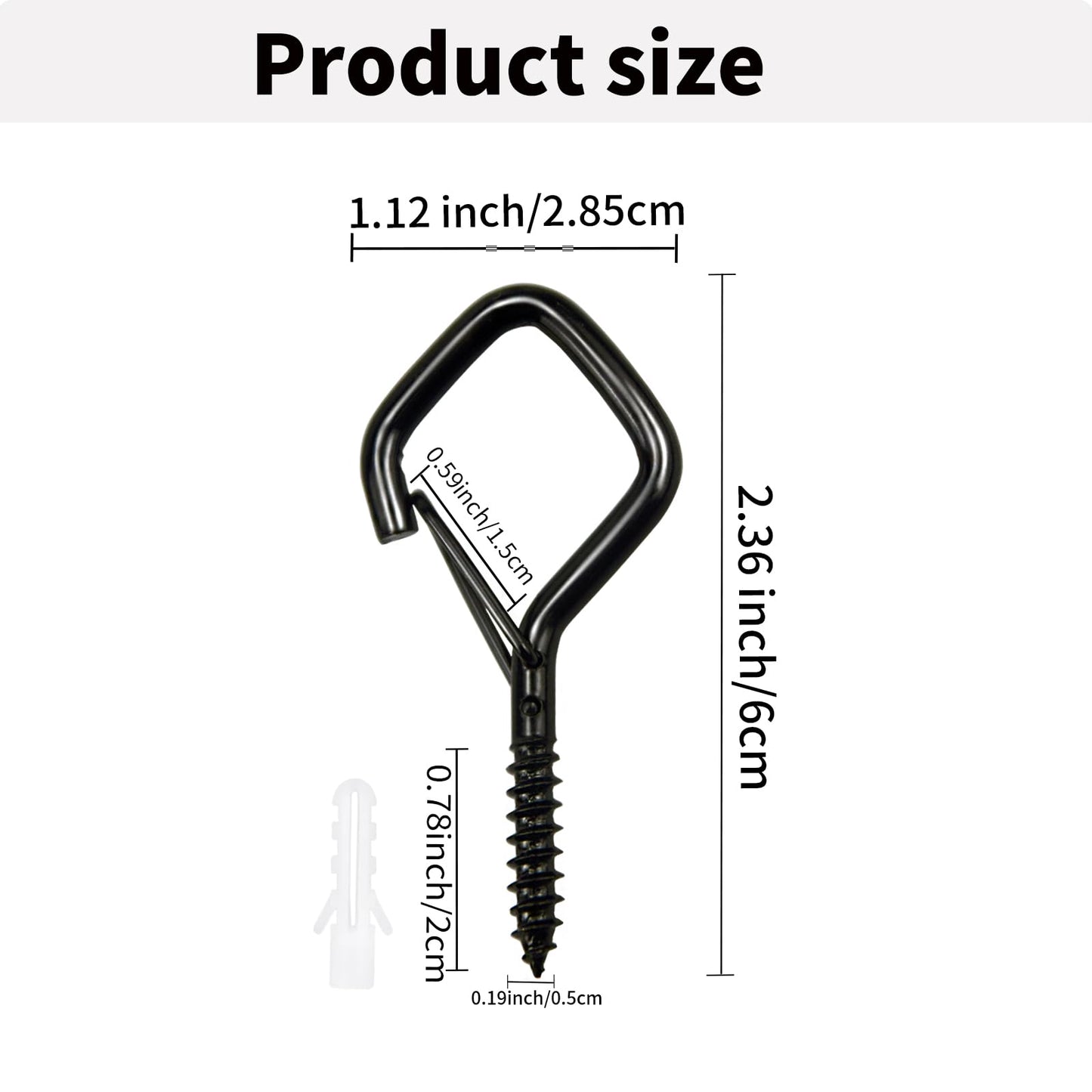 Tuakoie Heavy Duty Eye Screw Hooks with Safety Buckle, Windproof Ceiling Hooks for Hanging Plants, Outdoor String Lights, Bird Feeders, Cups & Decor – Metal Screw in Hooks (2.36IN Black, 46PCS)