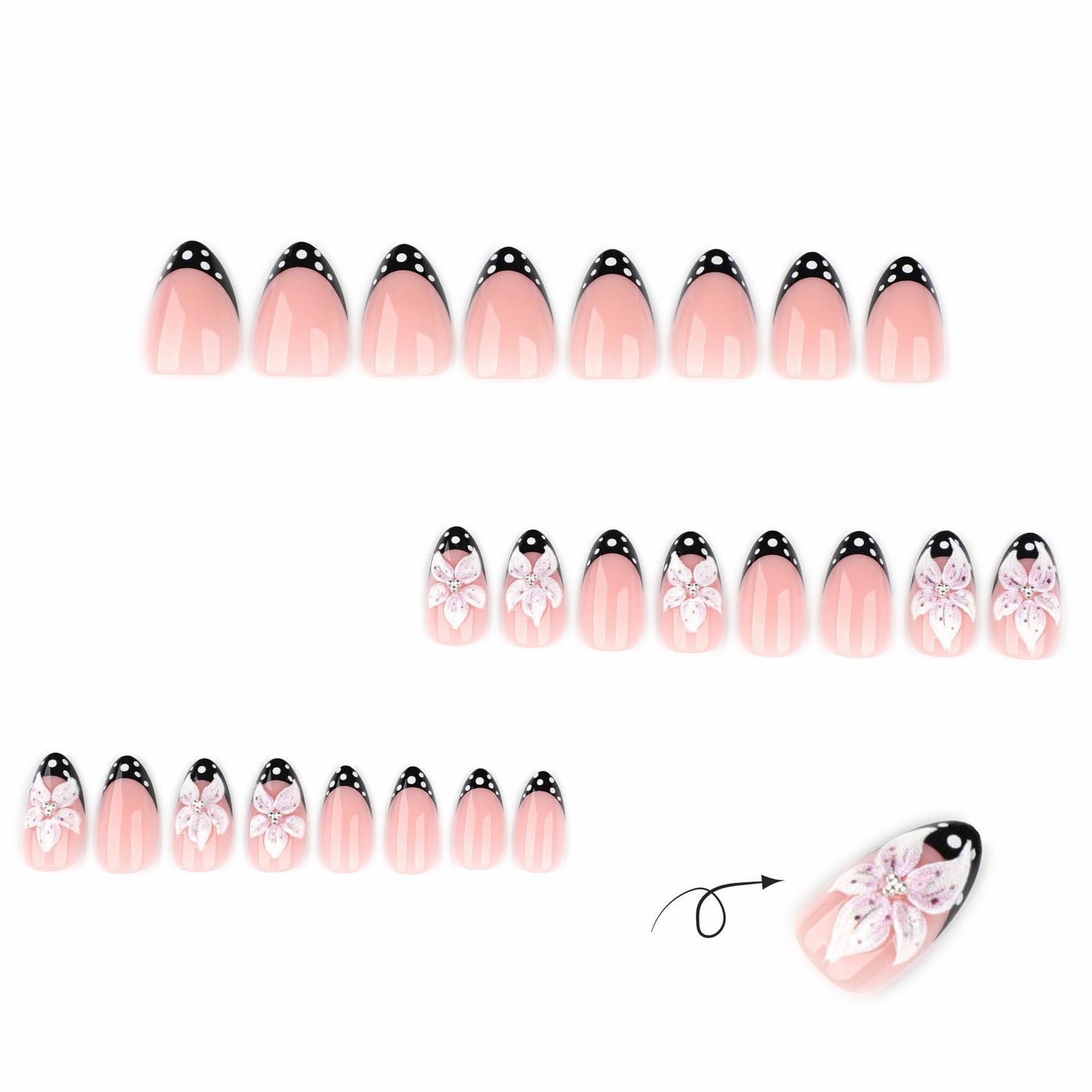 CTTHNBD Short Press on Nails Almond - Black French Tip Fake Nails with Flower Design - Spot Stick on False Nails - for Women 24 Pcs