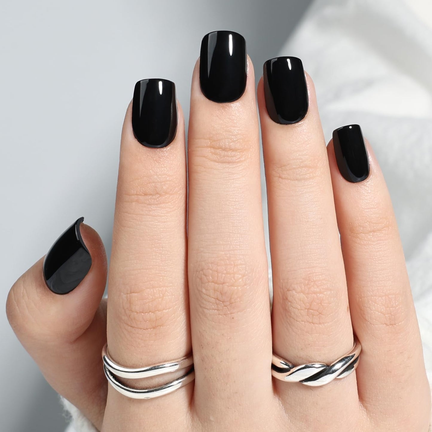 Black Press On Nails Square - Goth Short Square Fake Nails, Gothic Press On Nails Reusable Stick On Nails in 15 Sizes 30pcs False Nail Kit for Women & Girls (Pure Black)