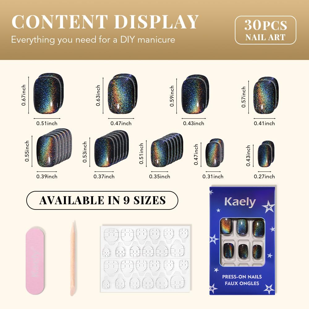 evpct Black Chrome Cat Eye Short Press on Nails Square No Glue, Short Square Fake False Nails Press ons for Women Gift, Black Glitter Glossy Reusable Spring Summer Soft Acrylic Fake Nail with Design